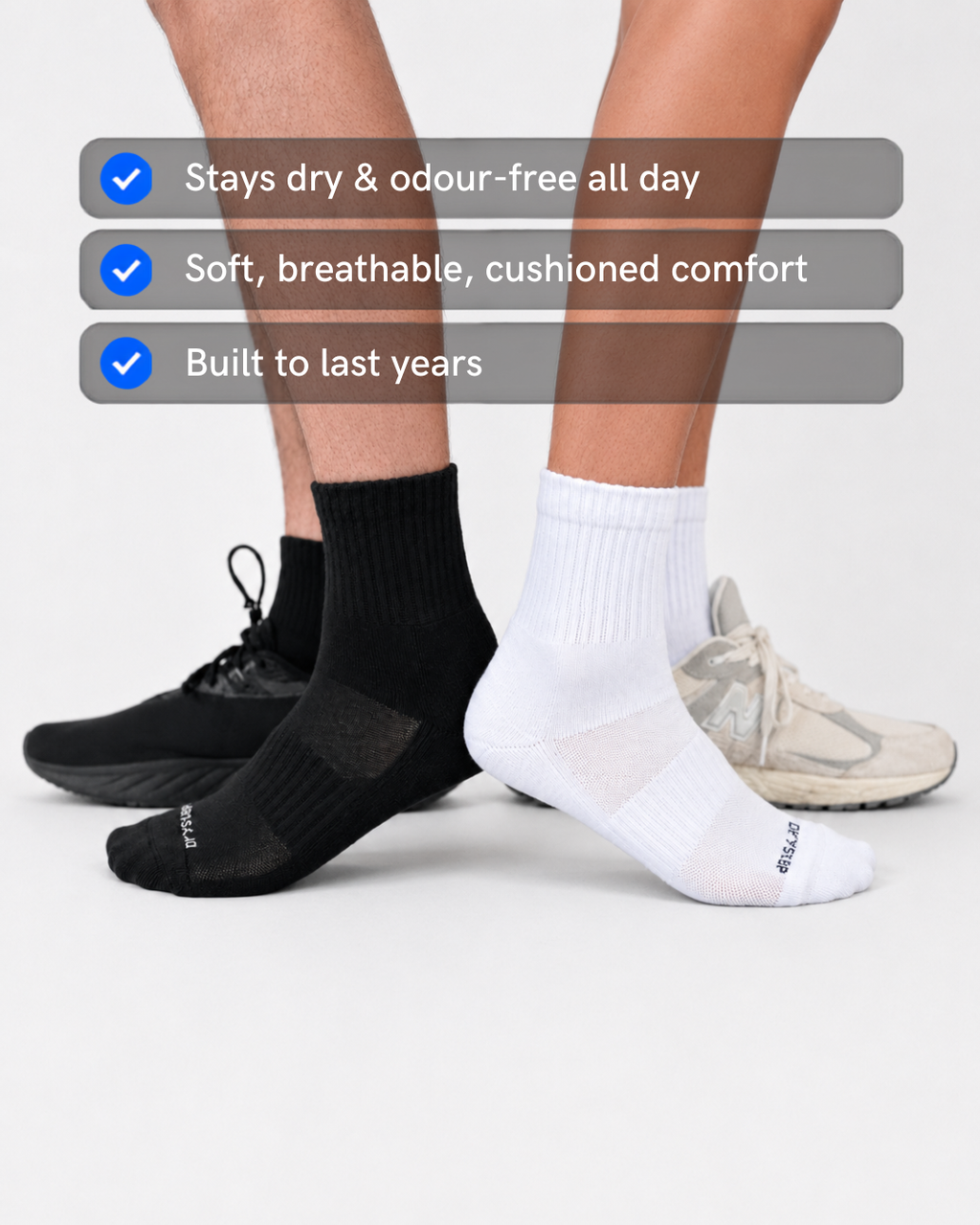 DryStep black and white quarter socks worn with sneakers — low-cut sweat-wicking training sock that stays dry and odour-free all day