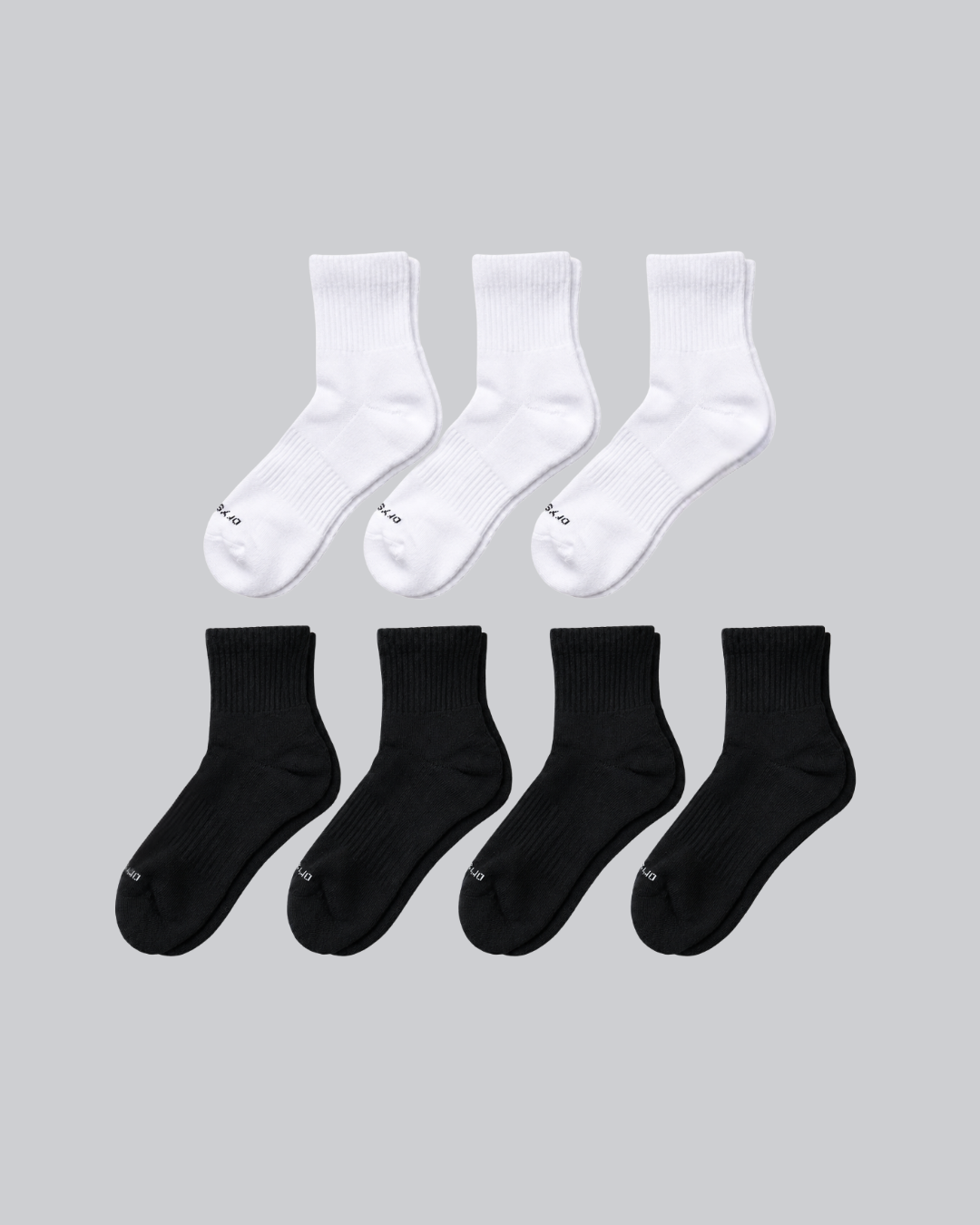 DryStep black and white quarter sock 7-pack — moisture-wicking Coolmax, cushioned, anti-odour