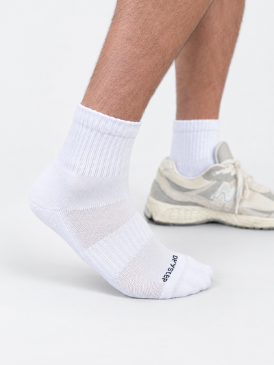 DryStep white quarter-length athletic socks, studio product photo