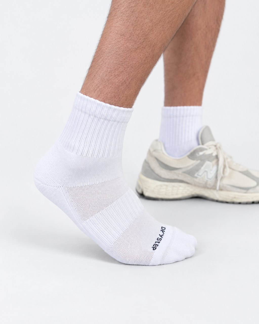 DryStep white quarter-length athletic socks, studio product photo