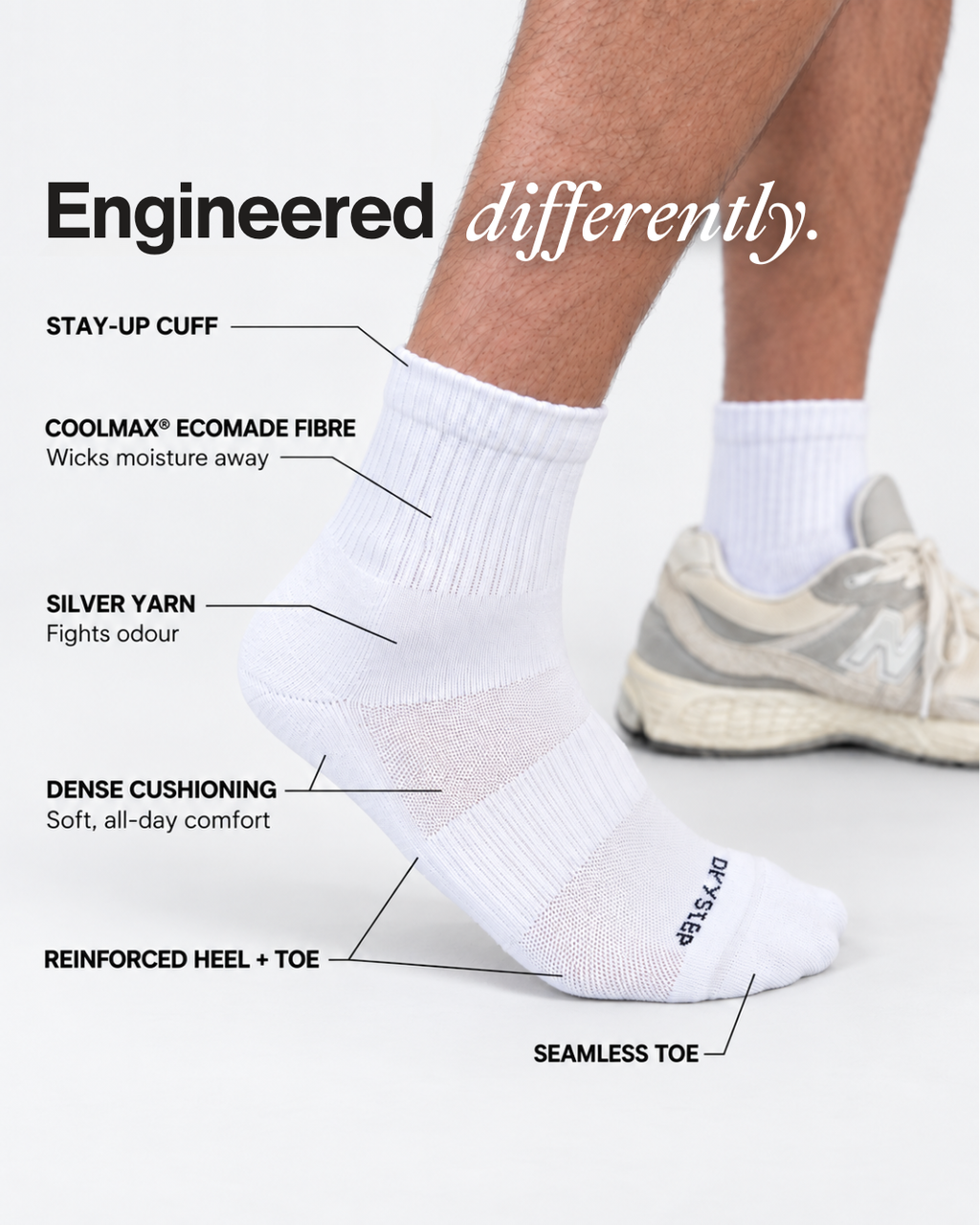DryStep white quarter sock, stay-up cuff, Coolmax fibre, silver yarn, cushioning, seamless toe