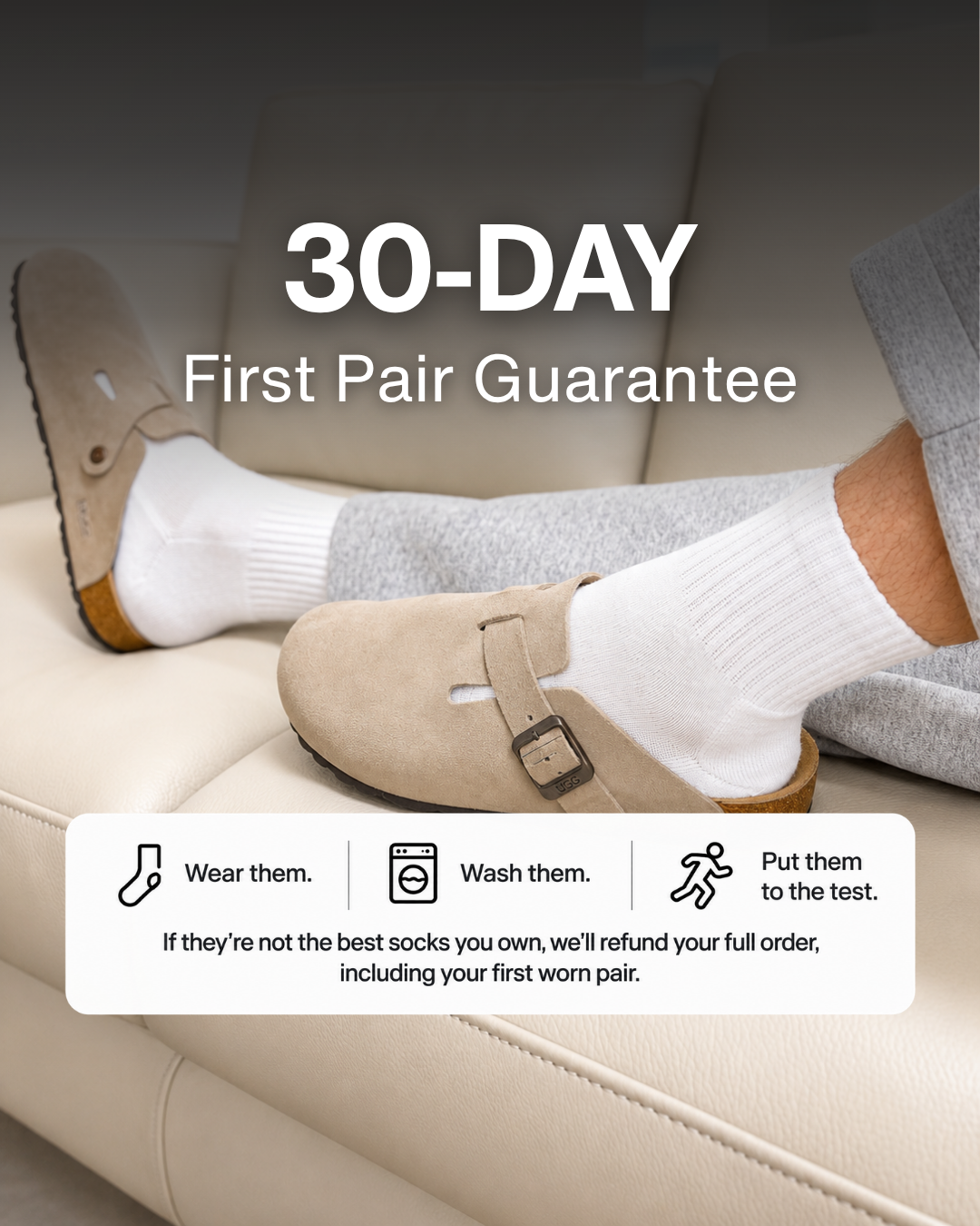 30-day first pair guarantee on DryStep white quarter socks with clogs, full refund incl. worn pair