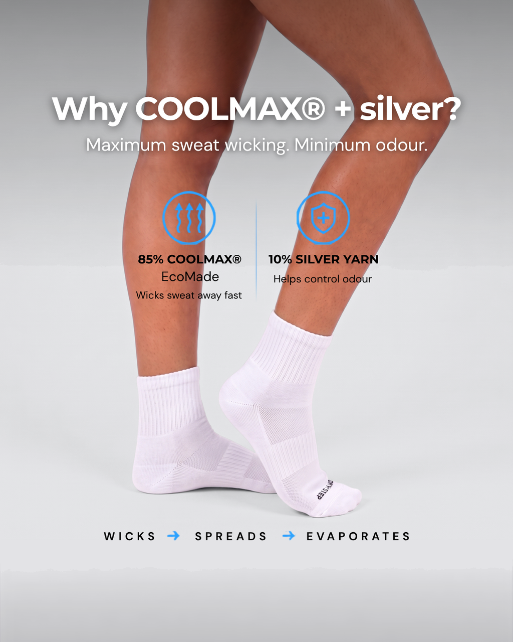 Woman in DryStep white quarter socks, 85% Coolmax wicks sweat, 10% silver yarn controls odour