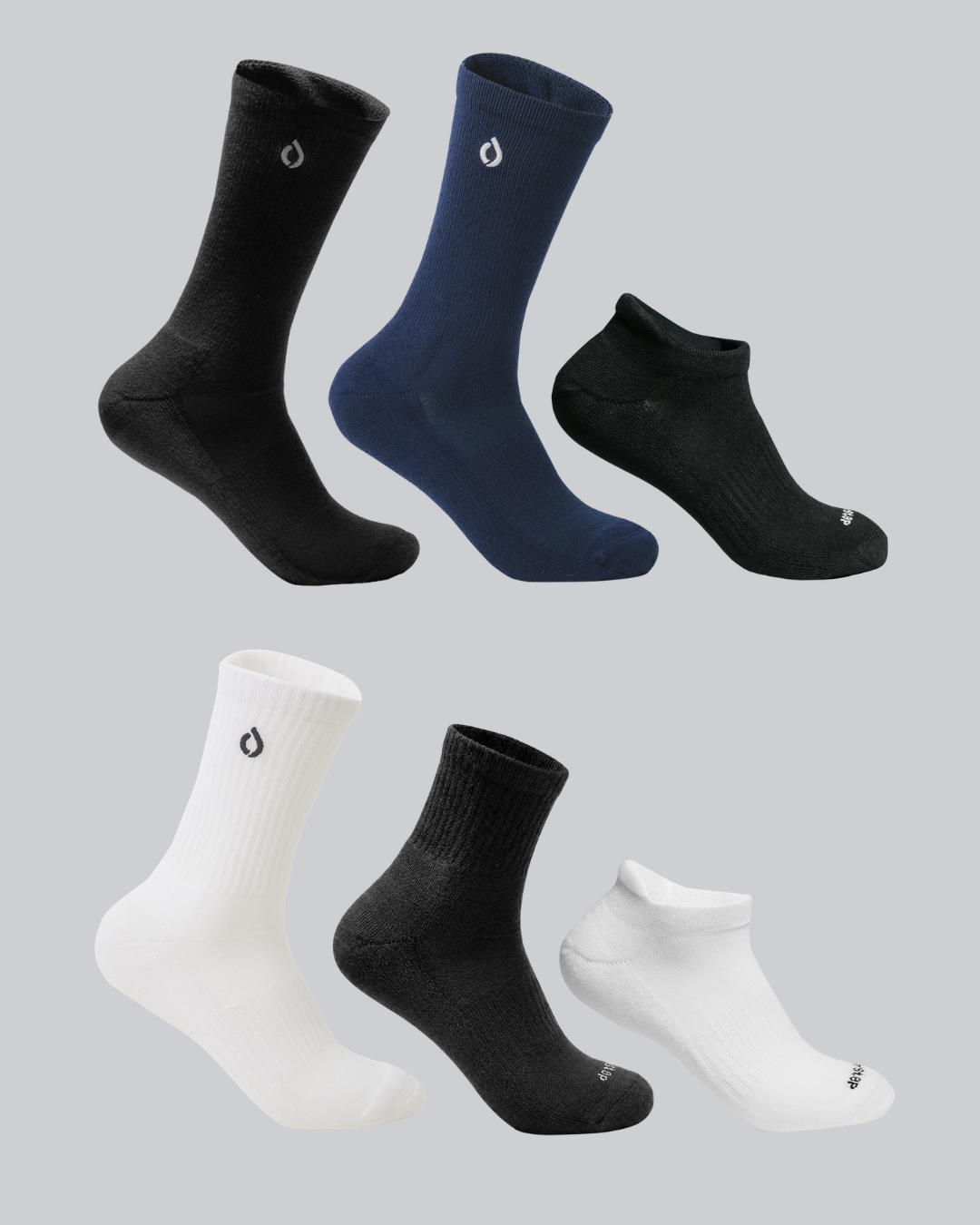 DryStep Starter Pack — crew, mid-crew, quarter and ankle tab socks in black, navy and white