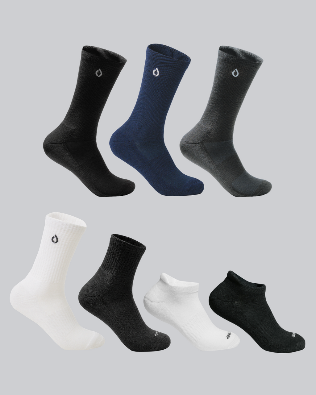 DryStep Starter Pack — crew, mid-crew, quarter and ankle tab socks in black, navy, dark grey, and white