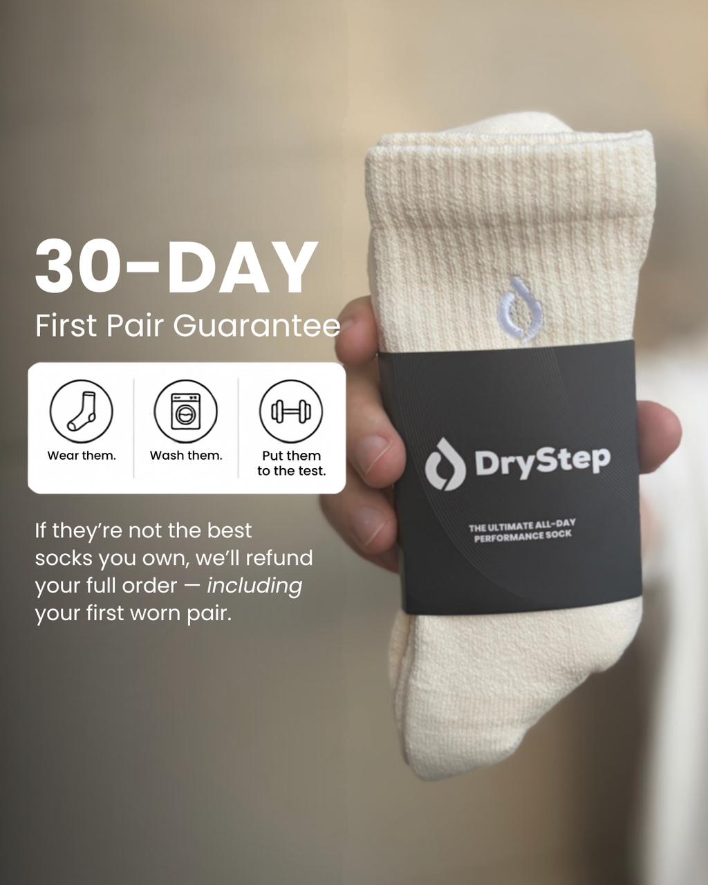 30-day first pair guarantee on vanilla mid-crew socks, full refund including the worn pair