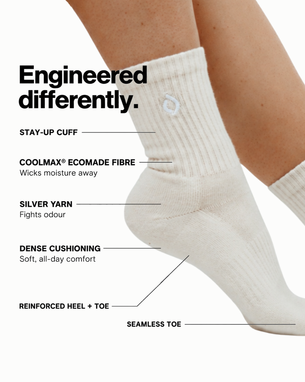 DryStep vanilla mid-crew sock, stay-up cuff, Coolmax fibre, silver yarn, cushioning, seamless toe