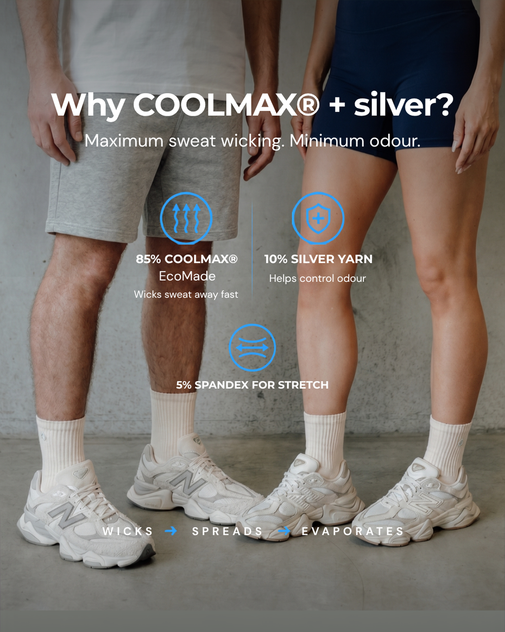 Vanilla mid-crew sock and Coolmax fibre closeup, 85% Coolmax wicks sweat, 10% silver cuts odour