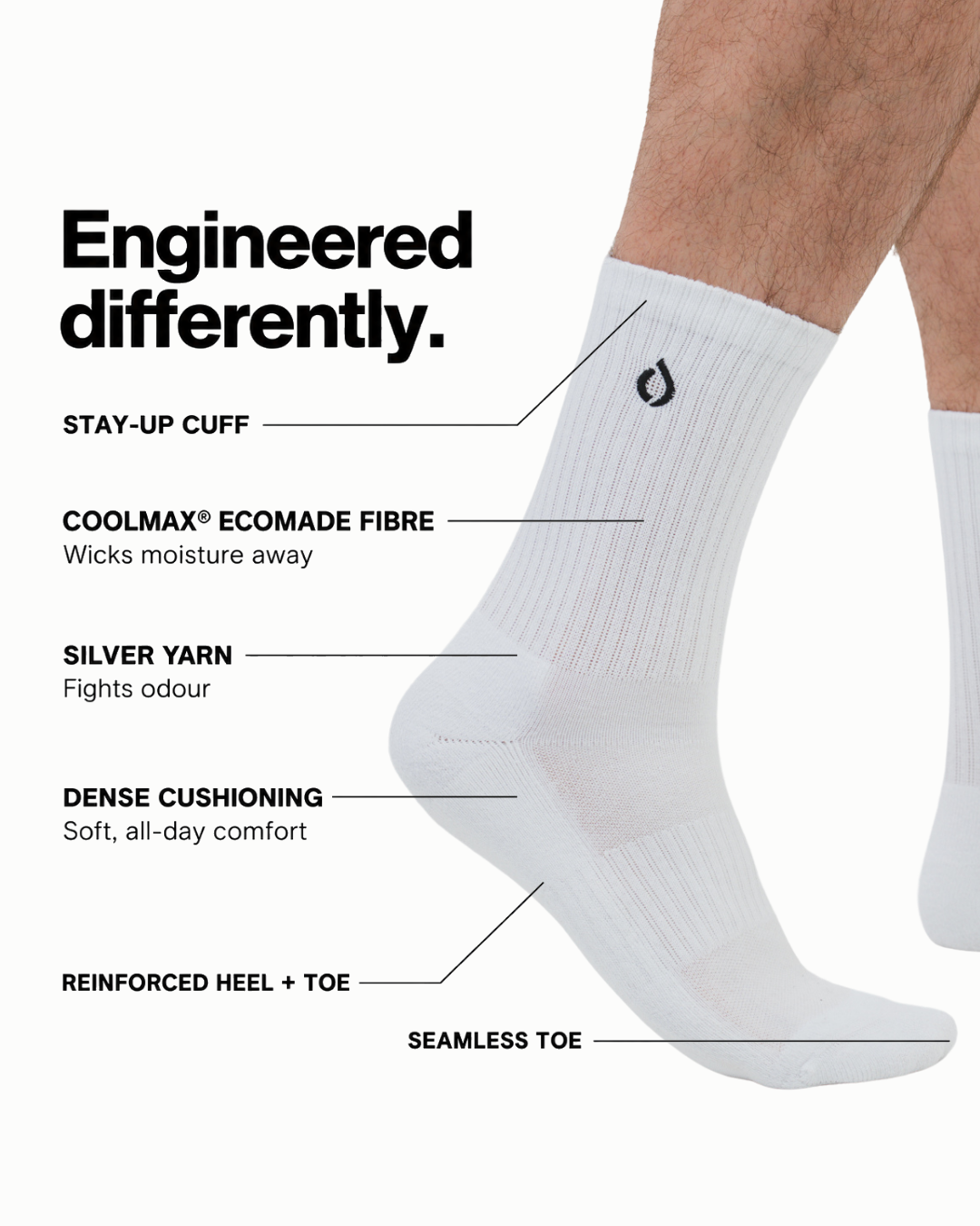 White mid-crew sock labelled stay-up cuff, Coolmax fibre, silver yarn, cushioning, seamless toe