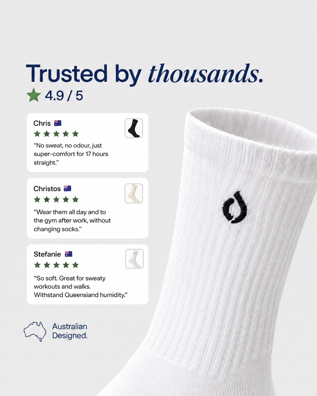 Five-star customer reviews for DryStep white mid-crew socks — soft, and dry through sweaty workouts