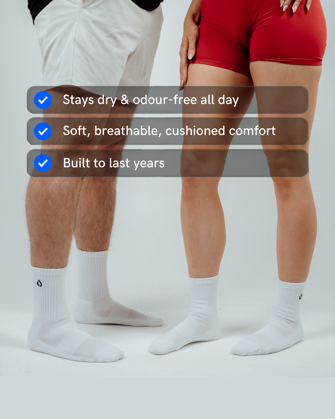 White mid-crew socks with three ticks, stays dry and odour-free, cushioned, built to last