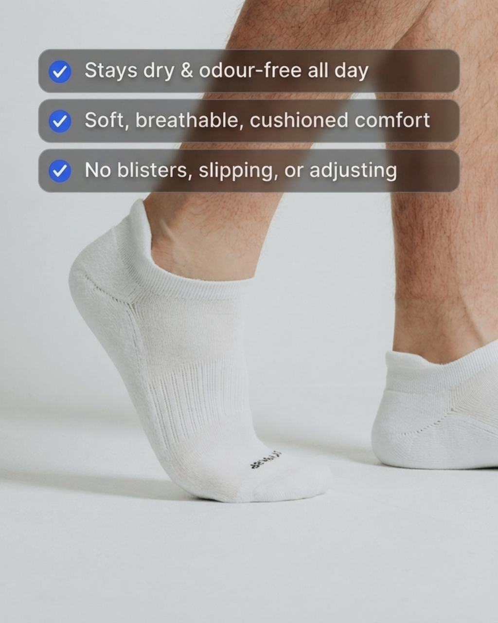 DryStep white ankle tab socks for men on foot — no slip, heel tab grip everyday gym sock