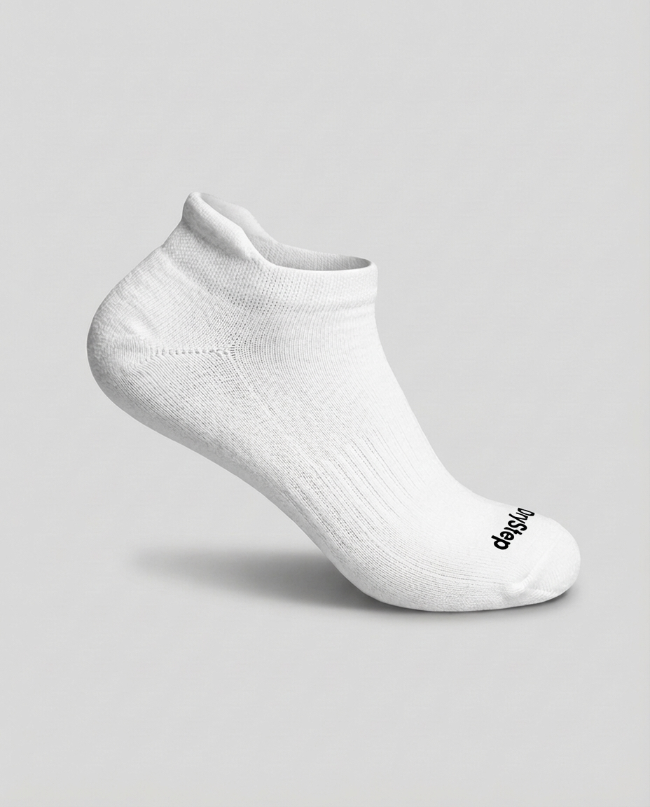 DryStep unisex white ankle tab socks — lightweight Coolmax moisture-wicking, anti-odour