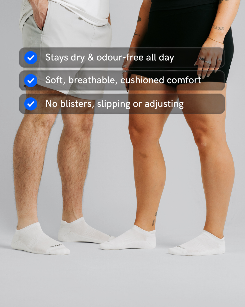 Man and woman in DryStep white ankle socks, stays dry and odour-free, cushioned, no blisters