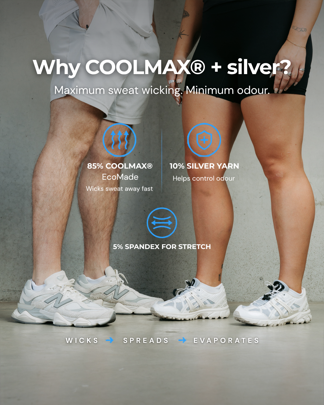 Man and woman in DryStep white ankle socks, 85% Coolmax wicks sweat, 10% silver yarn controls odour