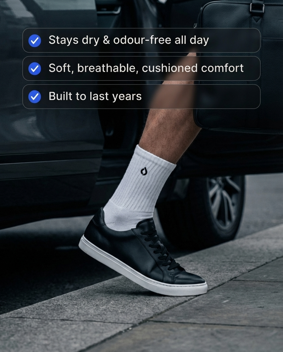 Man wearing DryStep white mid crew socks at office — smart-casual moisture-wicking sock