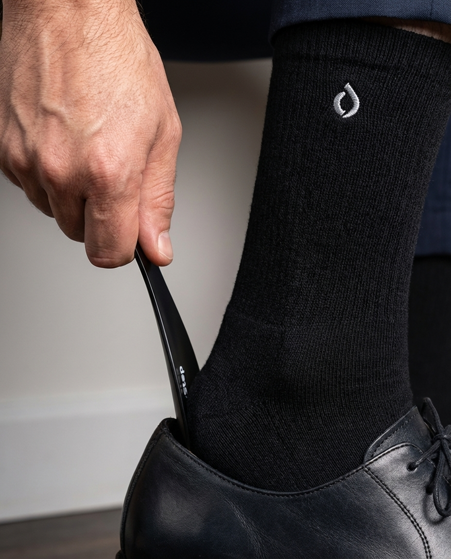 DryStep metal shoehorn in use — slip into dress shoes without crushing the heel