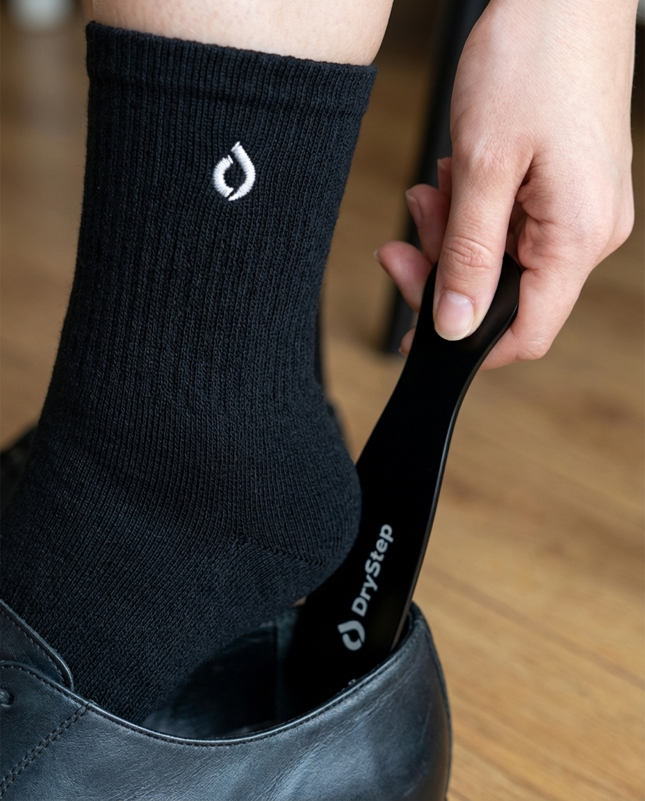 DryStep matte black shoehorn with dress shoes — sleek shoe care accessory for men and women
