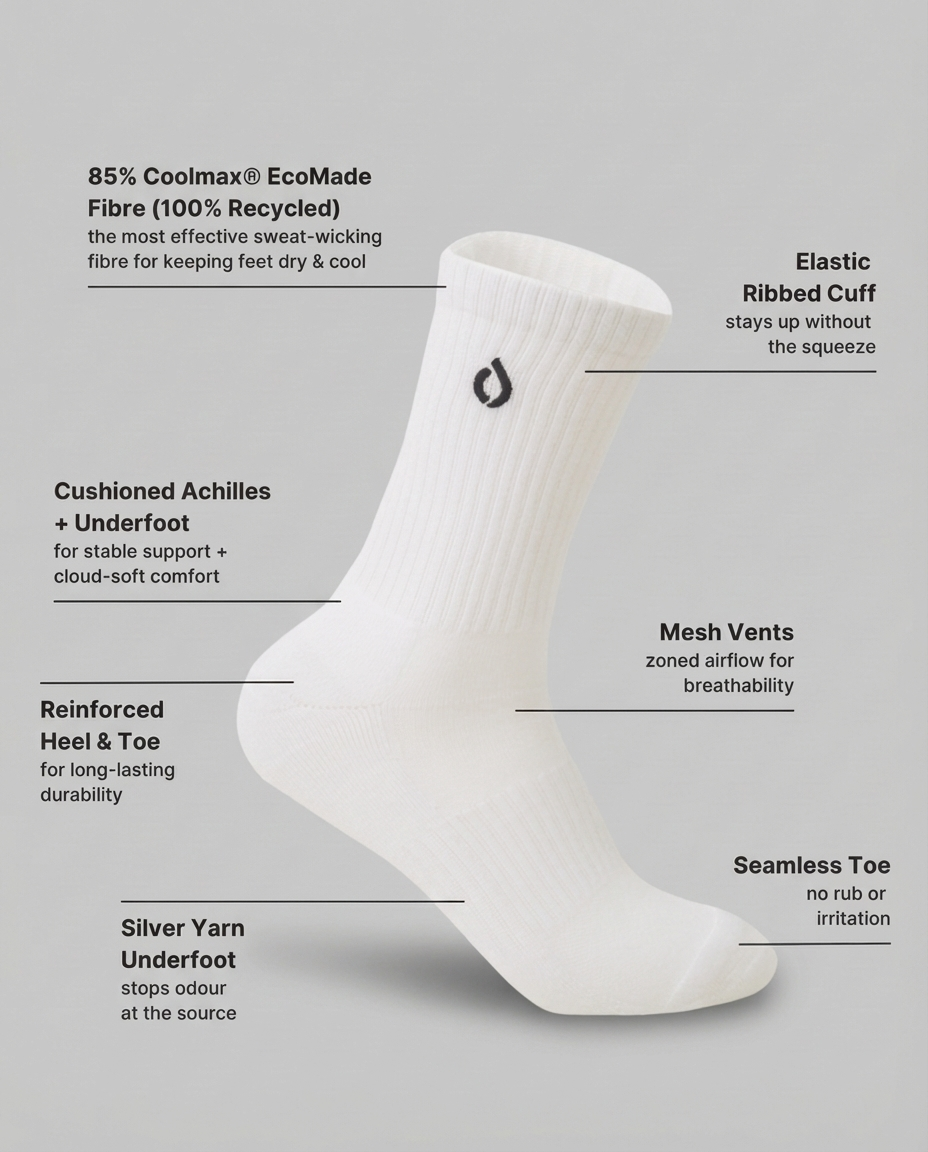 DryStep white mid crew sock features — Coolmax wicking, cushioned sole, anti-odour, mid-length