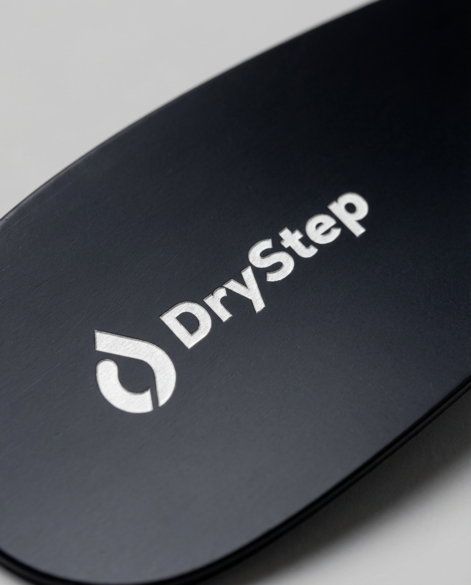 DryStep metal shoehorn close up — matte black finish, grooved grip, solid metal construction
